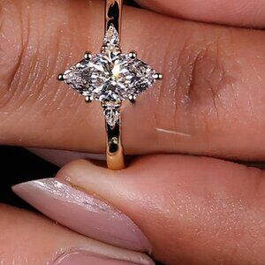 Three Stone 2 Carat Lab Diamond Marquise Engagement Ring in Yellow Gold